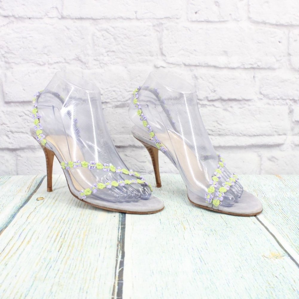 Cole Haan Blue Suede Green Silver Floral Strap Stiletto Heel Pumps 6 B - Picture 3 of 10